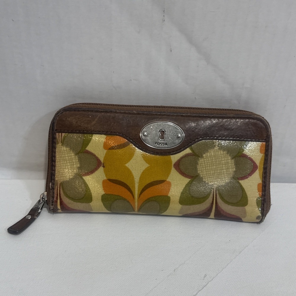 Fossil Floral Canvas Cowhide Checkbook Cardholder Full Zip Change Purse Wallet